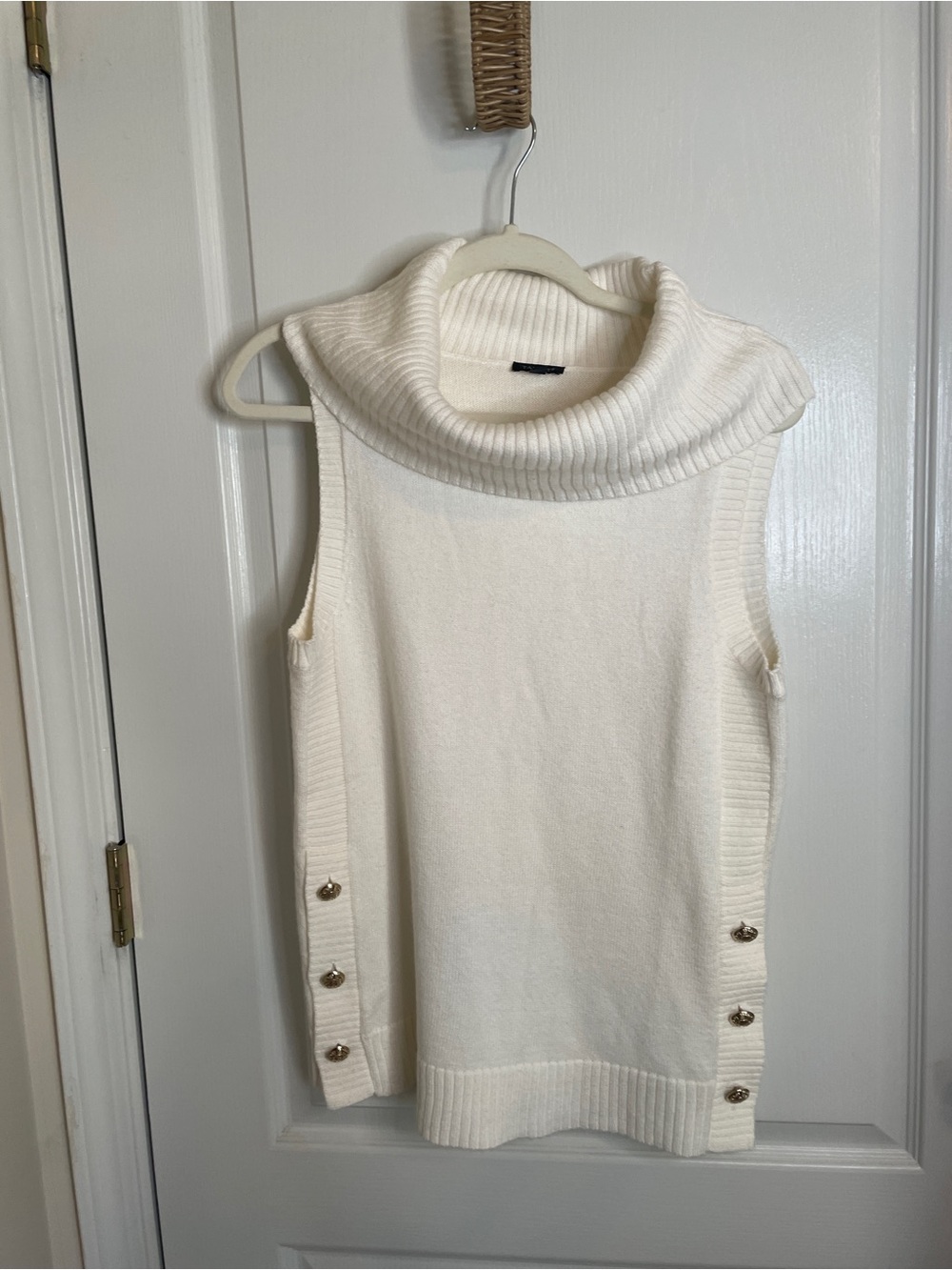 Vintage Talbots Cream Sleeveless Cowl Neck Sweater with Side Buttons Size XS